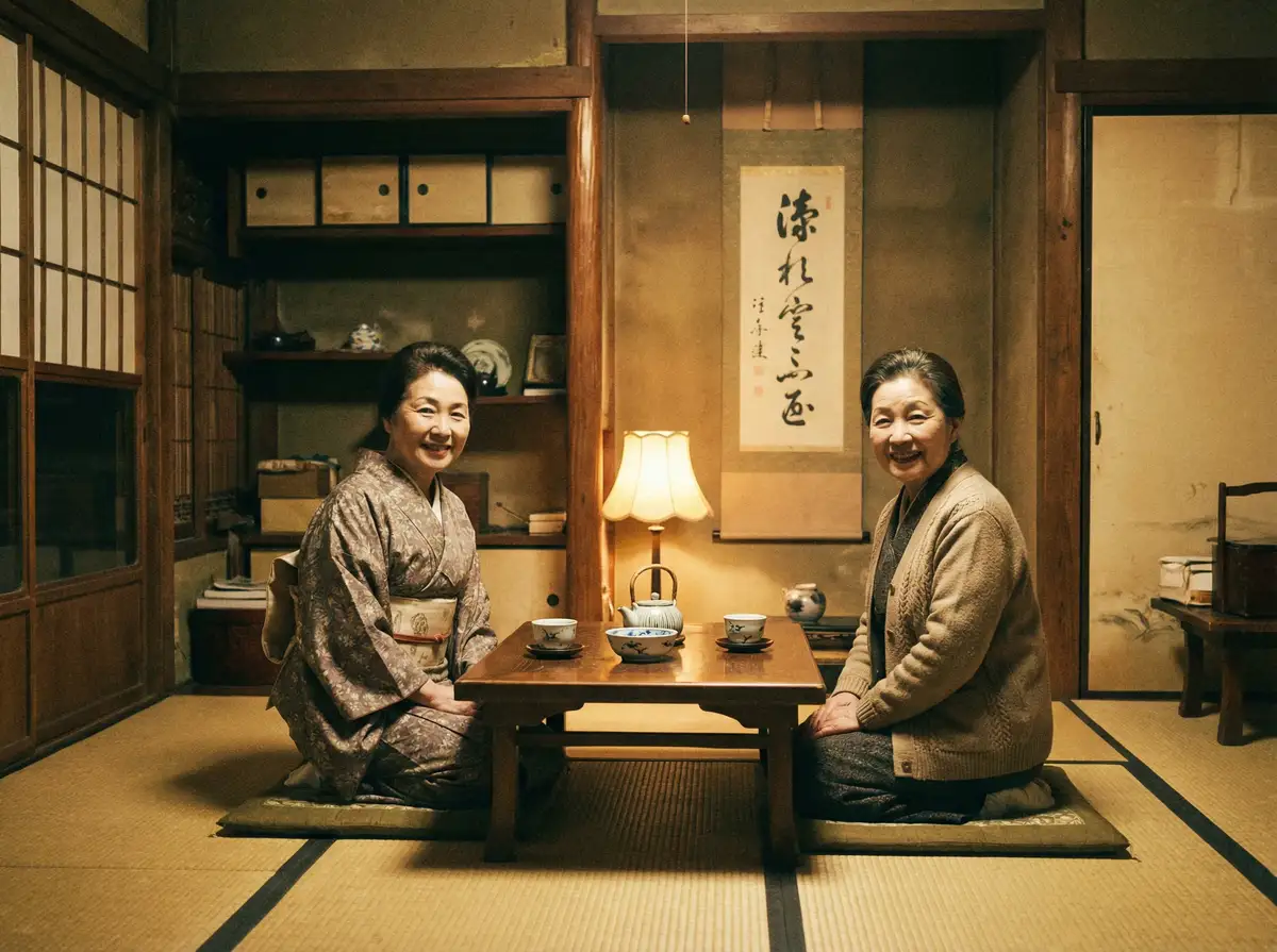 两位优雅的 小小绘 在日式茶室中品茶交谈